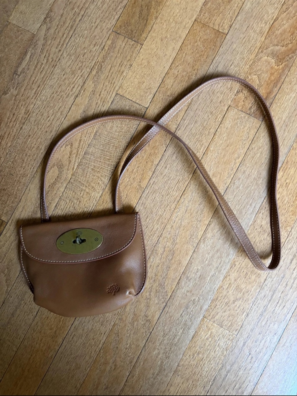 Mulberry tan leather crossbody with brass turnlock